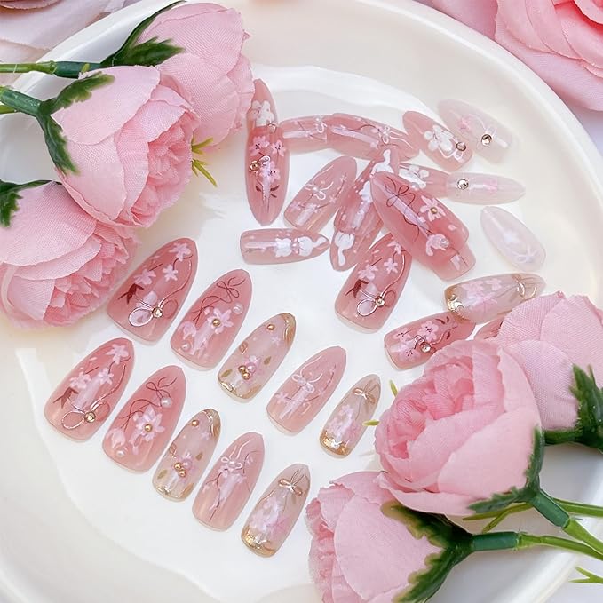 30Pcs Pink Flower Press on Nails Medium Almond Fake Nails with 3D Pearl Bow Rhinestones Design Gilding Peach Blossom False Nails Cute Cat Spring Floral Stick on Nails for Women Summer Decor