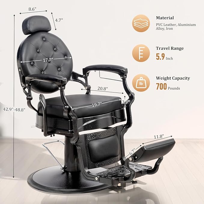 OmySalon Retro Barber Chair Heavy Duty, Aluminum Alloy Frame, Adjustable Headrest, Extra Wide Footrest, Hydraulic Salon Chair for Hair Stylist Reclining All Purpose for Beauty Spa Shampoo Styling