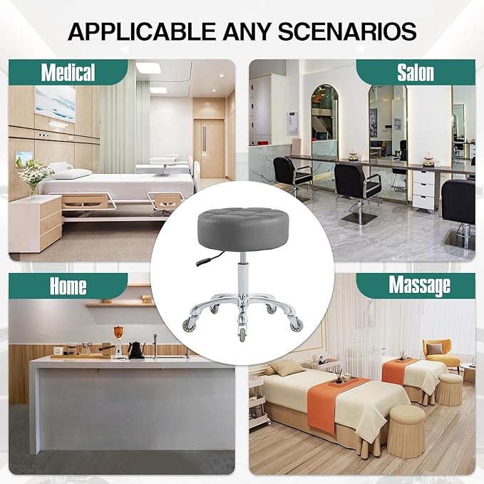 Rolling Stool with Wheels Adjustable Height, Roller Stool for Massage Medical Tattoo Spa Heavy Duty Swivel Desk (Super Thick Cushion, Grey)