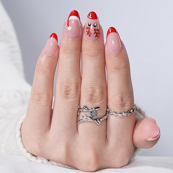 French Tip Press on Nails, Short Press on Nails Almond Reusable Glossy Red Nails Soft Gel Elk False Nails Press ons for Women, 16 Sizes 32 Count Nails Kit with Glue (SV-14)