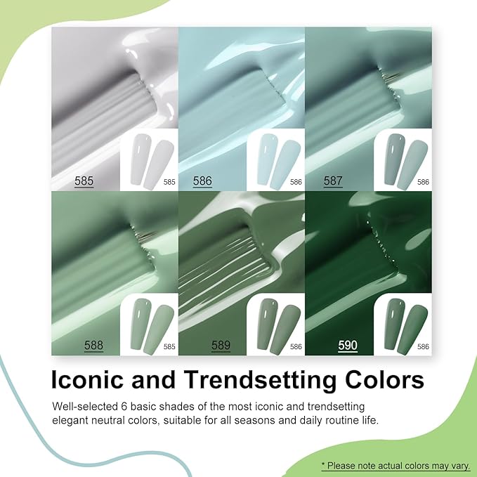 MEFA Green Gel Nail Polish Set 6 Colors, Sage Green Mist Blue Light Grey Dark Olive Shades Earth Tone Gel Polish Matcha Avocado Soak Off Nail Art Design Home Manicure Kit Gifts St. Patrick's Day