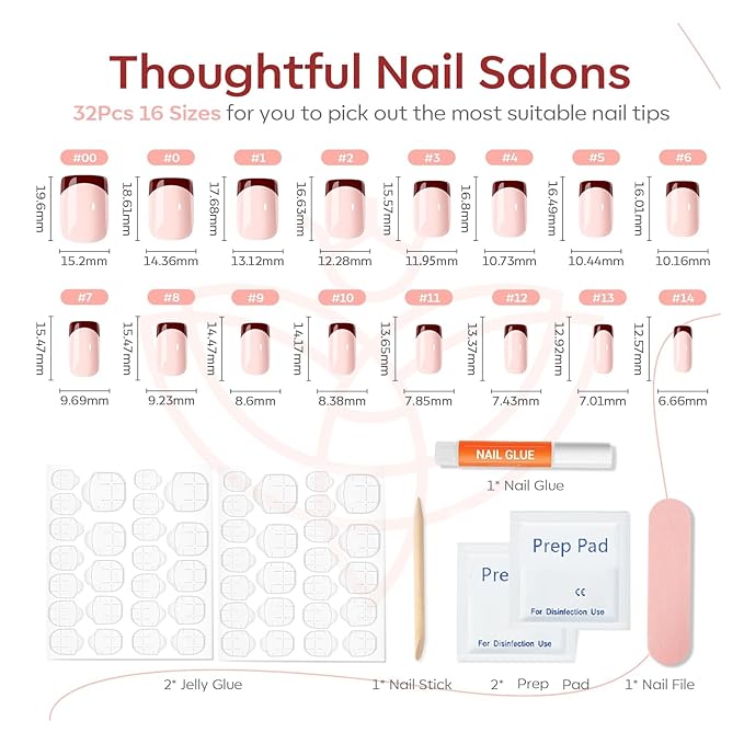 Modelones Press on Nails, Red Chrome French Short Square Fake Nails, Deep Pink Reusable Nail Kit with Nail Glue Adhesive Tabs Mini Nail File, Nails Press Ons 32Pcs16 Sizes, Christmas