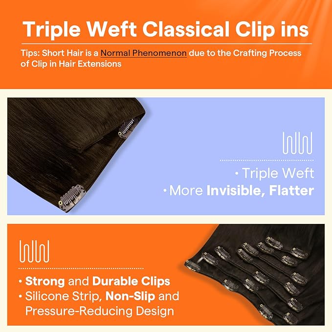 Full Shine Short Brown Hair Extensions Clip in Human Hair Triple Weft Remy Hair Clip in Extensions Invisible Dark Brown Hair Extensions Straight Brazilian Hair 10 Inch 7 Pcs