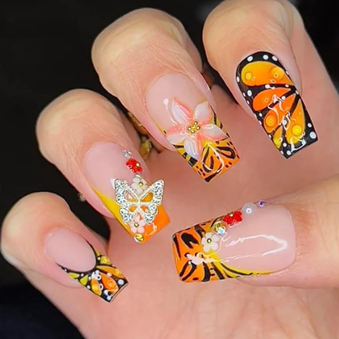 Fall Press on Nails Medium Length Square Fake Nails Orange Yellow Nails Press ons with 3D Flower Butterfly Designs French Tip Acrylic Nails for Women 24Pcs