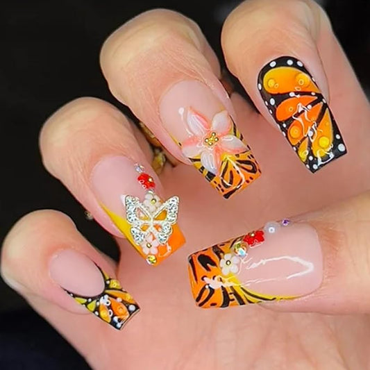 Fall Press on Nails Medium Length Square Fake Nails Orange Yellow Nails Press ons with 3D Flower Butterfly Designs French Tip Acrylic Nails for Women 24Pcs