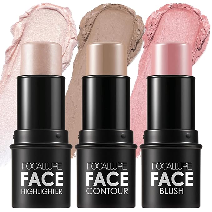 FOCALLURE 3PCS Cream Contour Stick - Highlighter Bronzer Blush Set for Face Sculpting, Non-Greasy Longwear Makeup, Easy to Blend with Natural Matte Finish,SET 1