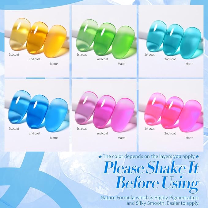 Born Pretty Jelly Gel Nail Polish Christmas Neon Gel Polish,Hot Pink Purple Blue Green Yellow 6Colors Translucent Effect,Soak Off U v LED Light Cure Nail Art Kit for Salon Manicure and DIY at Home