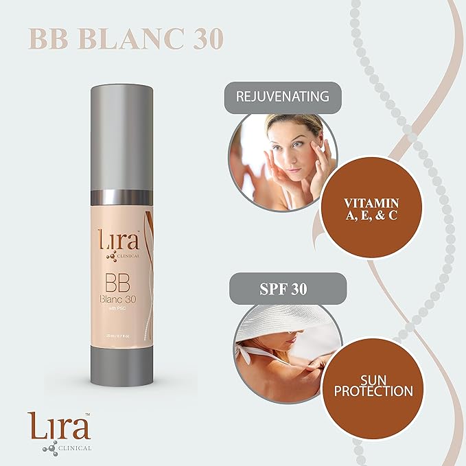 Lira Clinical BB Cream - SPF 30 Tinted BB Cream with PSC & Vitamins - Full Coverage - 0.7 fl oz. (Blanc 30)