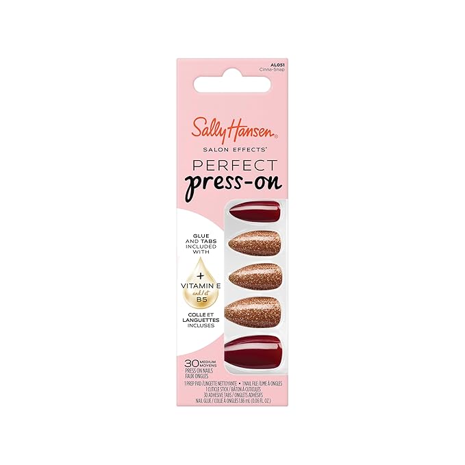 Sally Hansen Salon Effects Perfect Press-On Nails | Almond Shape | Easy to Apply, Non-Damaging | 30 Nails, Nail Glue, Adhesive Tabs, File | Cinna-Snap