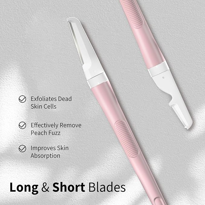 Face Razors for Women, Dermaplane Razor for Women Face, Eyebrow Razor, Facial Razors, Dermaplaning Tool, Reusable Metal Handle with 4 Microblades for Sensitive Skin, Peach Fuzz Remover, Pink