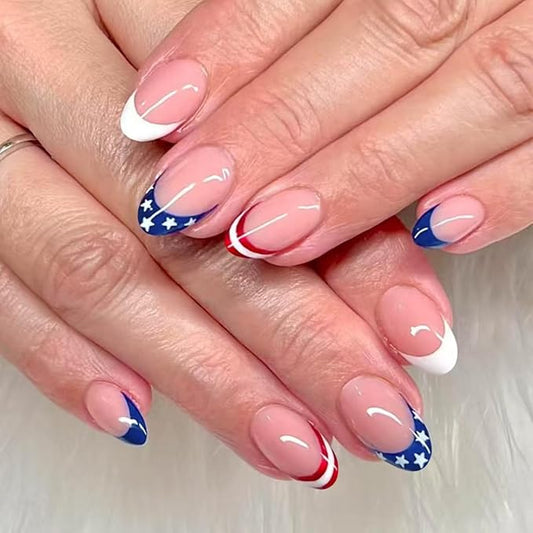 Independence Day Press on Nails French Tip Fake Nails Short Almond False Nails with Star Design Glossy Glue on Nails Artificial Acrylic Full Cover Nude Stick on Nails for Women Girls Manicure 24Pcs