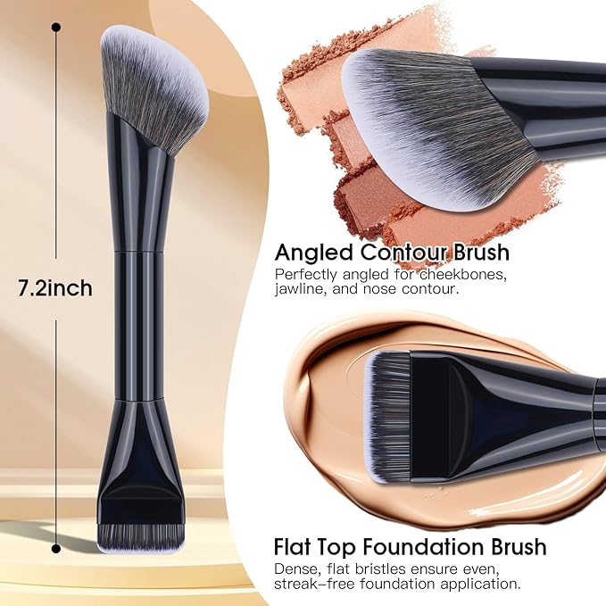 Dual-Ended Makeup Brush,Flat Top Foundation & Angled Contour Brush for Flawless Blending, Smooth Coverage & Effortless Contouring, Ideal for Foundation, Blush, Bronzer & Powder (Black)