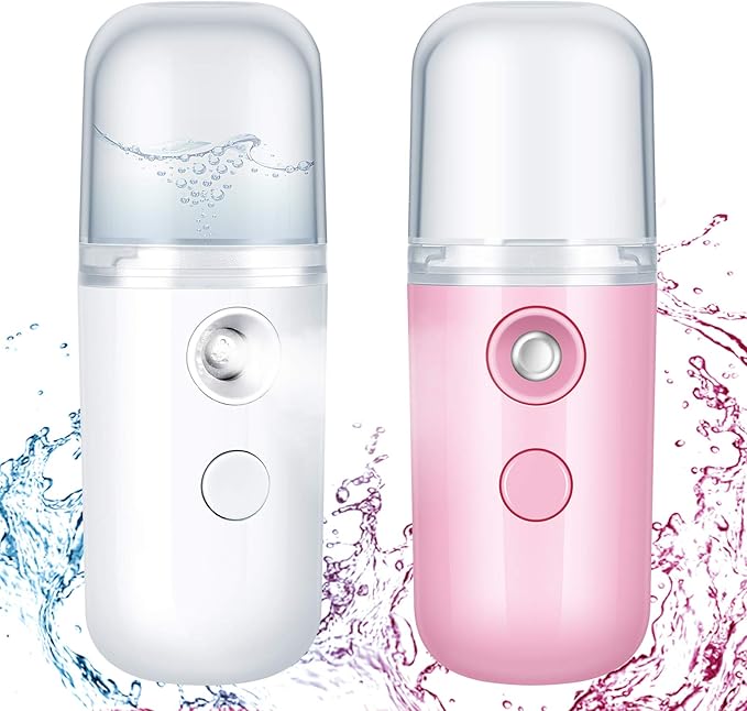 Honoson 2 Nano Facial Mister Sprayer Portable Face Nano Mister for Eyelash Extensions USB Rechargeable 1 oz Handy Skin Care Machine for Face Hydrating, Daily Makeup(Dark Pink and White)