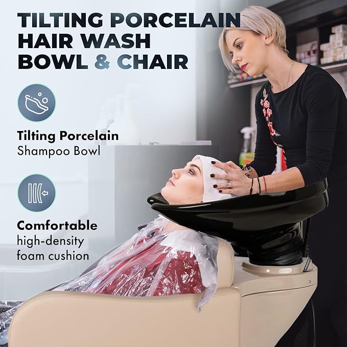 Buy-Rite Lexus Backwash Unit with Tilting Black Porcelain Shampoo Bowl, Extra Wide Foam Padded Seat, Kick-Out Leg Rest & European Style Single Handle Faucet - Sand Salon Shampoo Chair, TS-8018B