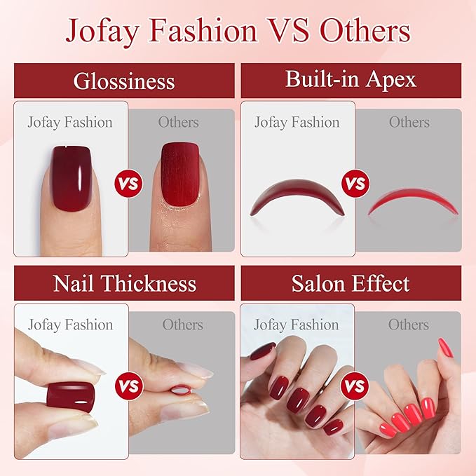 Press on Nails Short 5 Colors, Jofay Fashion 160Pcs Winter Fake Nails, Valentines Press on Nails Square, Natural Reusable Glue On Nails for women Gift, Soft Gel Nail Kit in 16 Sizes