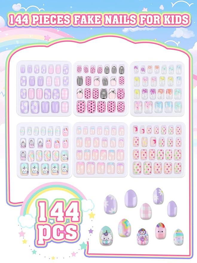 144 Pieces Press on Nails for Kids, EBANKU 6 Pack Kid Fake Nail Cute Colorful Press on Nails for Girls 7-12 Years with Pre- Adhesives