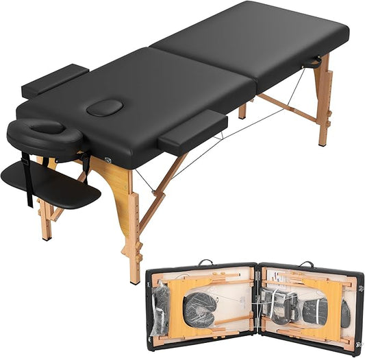 Massage Table Massage Bed, 27'' Wide Portable 2 Section Foldable Tattoo Bed, Height Adjustable Lash Spa Bed with Face Cradle, Home Light Weight Facial Salon Bed with Wood Frame, Black