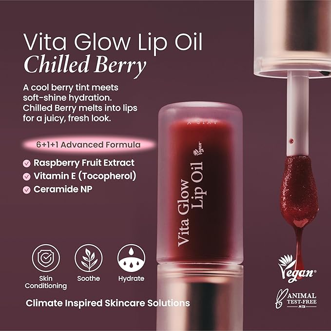AXIS-Y Vita Glow Lip Oil with Vitamin E & Ceramide - Nourishing & Revitalizing Dry, Chapped Lips with Long Lasting Moisturization - Vegan Korean Skin Care Lip Treatment - 0.13 fl. oz. (Chilled Berry)