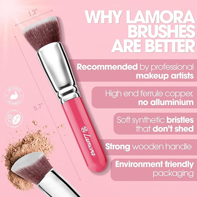 LAMORA Foundation Brush for Liquid Makeup - Kabuki Face Brush for Cream, Powder, Blush, and Concealer - Flat Top Blending, Buffing, Stippling Brush
