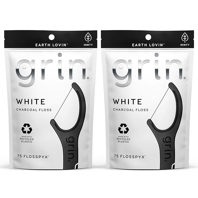 GRIN White Charcoal Infused Flosspyx, 75 Count, Dental Flossers, Minty Flavor, Recycled Plastic, Charcoal Infused Floss Picks, Premium Longer Floss Head, Easy Slide, Includes Soft Fold-Back Tooth Pick