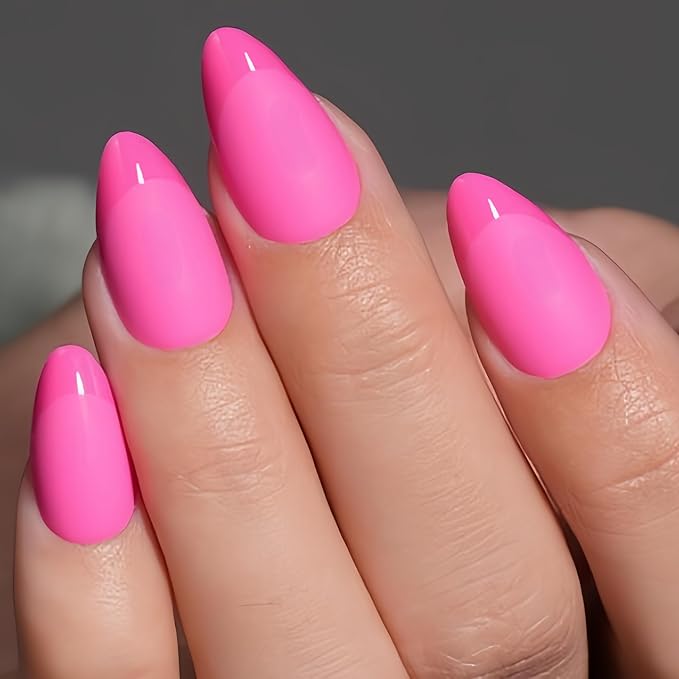 Hot Pink French Tip Press on Nails Short Almond Nails Press ons, Short Fake Nails with Matte Finish, Vibrant Neon Pink French Glue on Nail False Nail for Women,Fushia in 32 Pcs 16 Sizes
