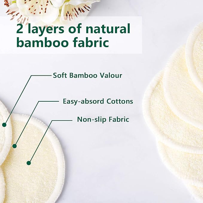 20 Packs Organic Reusable Makeup Remover Pads, Washable Bamboo Cotton Rounds for All Skin Types with Cotton Laundry Bag