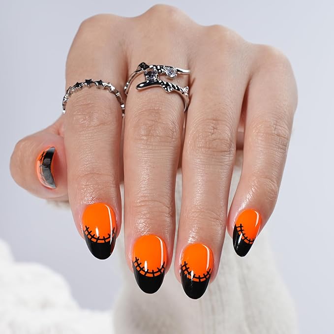 French Tip Press on Nails, Short Press on Nails Almond Reusable Glossy Soft Gel False Nails Orange Press ons for Women, 16 Sizes 32 Count Nails Kit with Glue (SV-09)