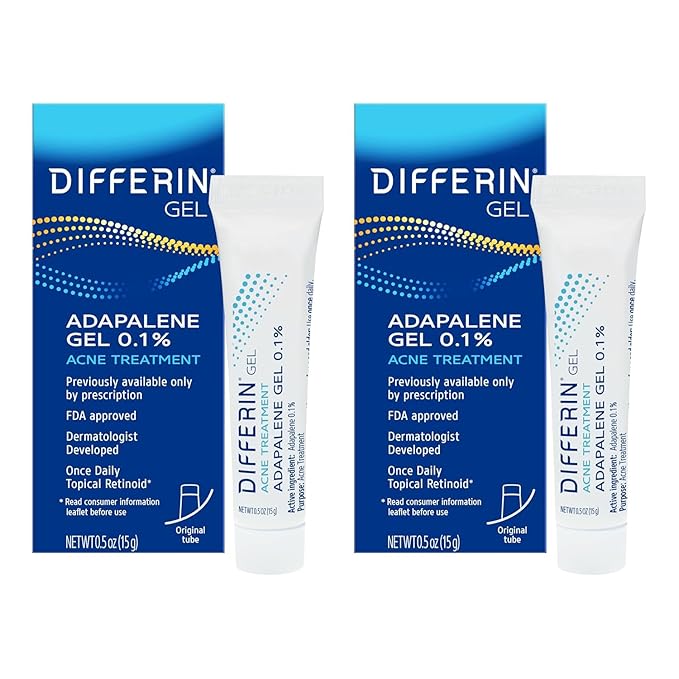 Differin Acne Treatment Gel, 60 Day Supply, Retinoid Treatment for Face with 0.1% Adapalene, Gentle Skin Care for Acne Prone Sensitive Skin, 15g Tube (Pack of 2) (Packaging May Vary)