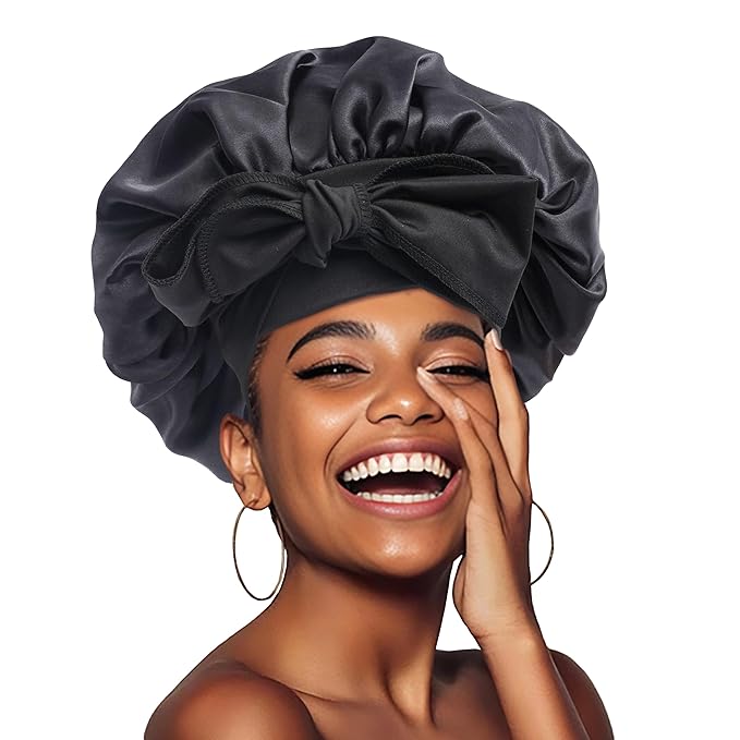 Silk Bonnet for Sleeping Women，Hair Bonnet for Sleeping Silk Night Cap for Curly/Natural Hair Skin Gleaming Black, Large