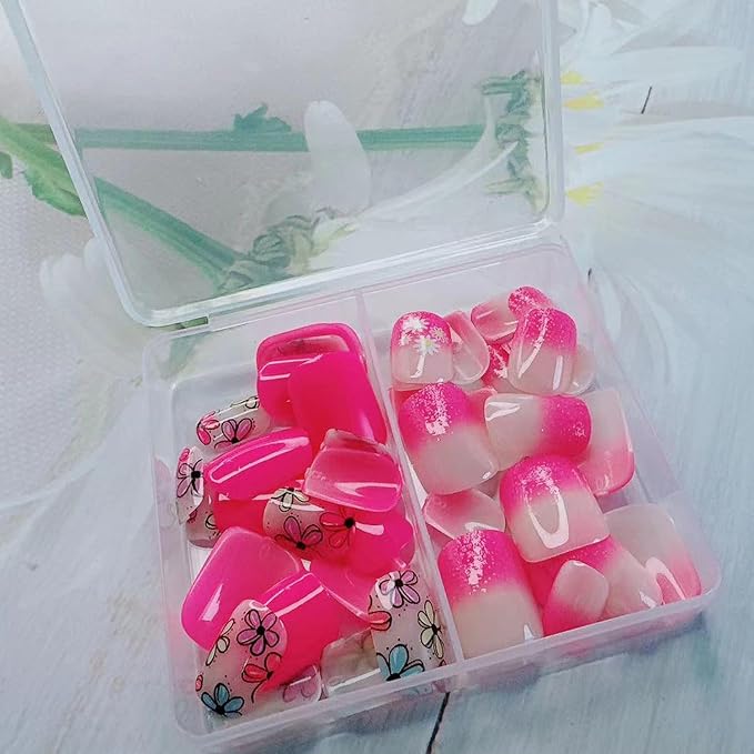 48Pcs Pink Press on Nails Kit - Flower Fake Nails Short Square with Floral Designs Glossy Cute Gradient Pink False Nails French Nails Press ons Flowers Spring Stick on Nails for Women Daily Wear