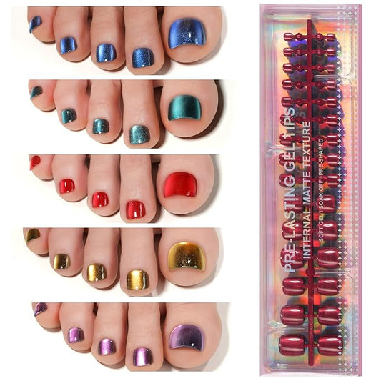 150Pcs Cat Eye Toe Nail Tips, Plauva Toe Press on Nails, 5 Colors Glossy Glitter Cat Eye Fake Nails, Soft Gel Stick On Nails for Women and Girls 15 Sizes