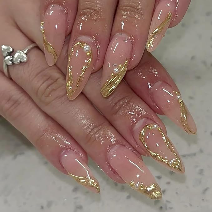 24pcs Gold French Tip Press on Nails Medium Almond Fake Nails with Pearls Rhinestones Design Gold French Line Full Cover Glue on Nails Glossy Stick on Nails Cute False Nails for Women Acrylic Nails