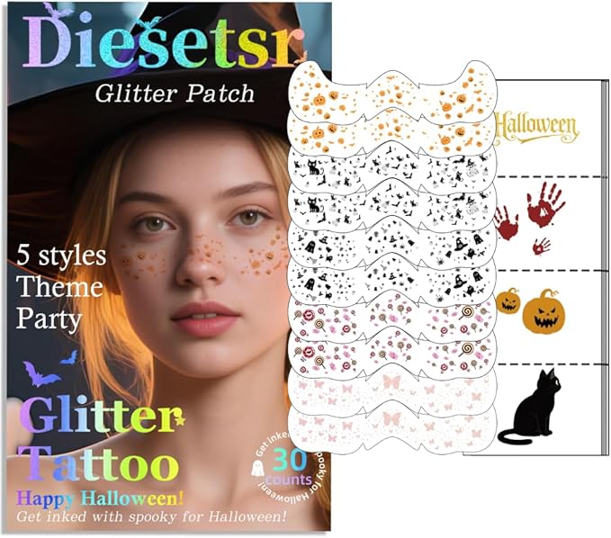 Halloween Face Glitter Freckles Tattoo,Temporary Tattoos Makeup Patches, Body Glitter Fake Freckles Stickers for Kid Halloween Decor,Theme Party,Bats Witch Pumpkin Rave Accessories,30 PCS