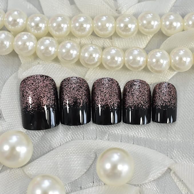 Black Light Coffee Brown Glitter French Press on False Nail Medium Short Square Shimmer Fake Nails Tips Salon Manicure Reusable DIY Fake Artificial Nails Art for Women Girls
