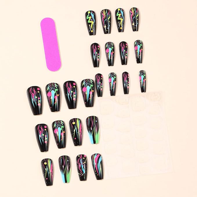 Neon Press on Nails Esports Acrylic Full Cover Fake Nails 24Pcs Glossy Colorful Medium Coffin False Nail Curve Line Gel Glue on Fingernails Graffiti Stick on Nail for Holiday Manicure Art