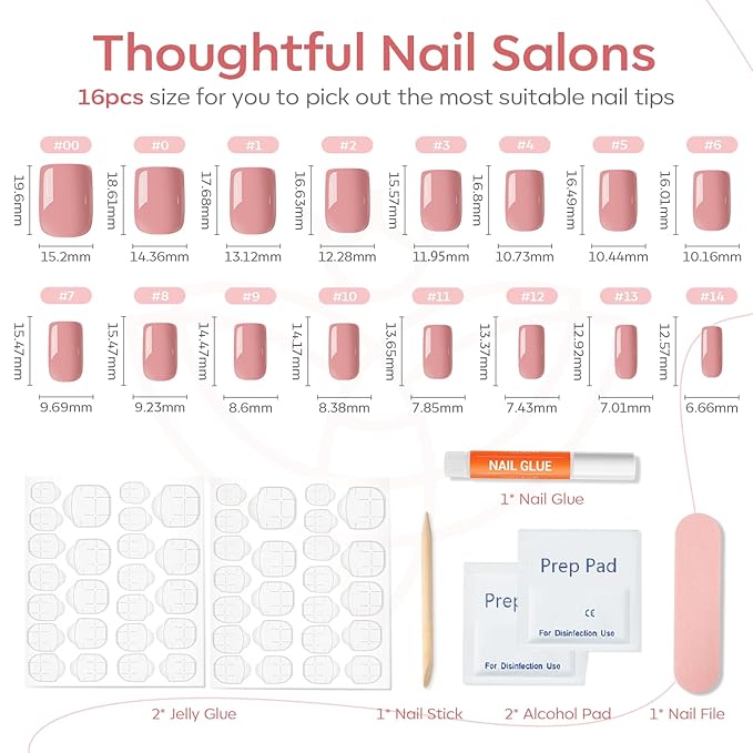 Modelones 32Pcs Peach Pink Press on Nails, Christmas Short Square Fake Nails, Reusable Nail Kit with Nail Glue Adhesive Tabs Mini Nail File, Nails Press Ons 16 Sizes