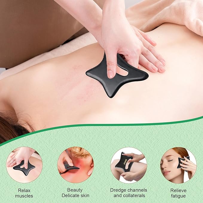 Full Body Gua Sha Tool and Facial Massage Tools, Ergonomic Bian Stone Handle Guasha Scraping for Neck/Arm/Back/Legs and Stomach Massager for Lymphatic Drainage & Cellulite (Black, Large)