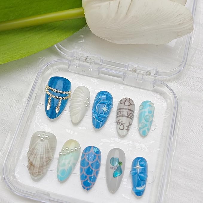 10Pcs Summer Beach Press on Nails Medium Almond Blue Fake Nails Shell with Pearl Rhinestones Glitter Full Cover Glue on Nail Artificial Reusable Ocean False Nails for Women Acrylic Manicure Salon Tips