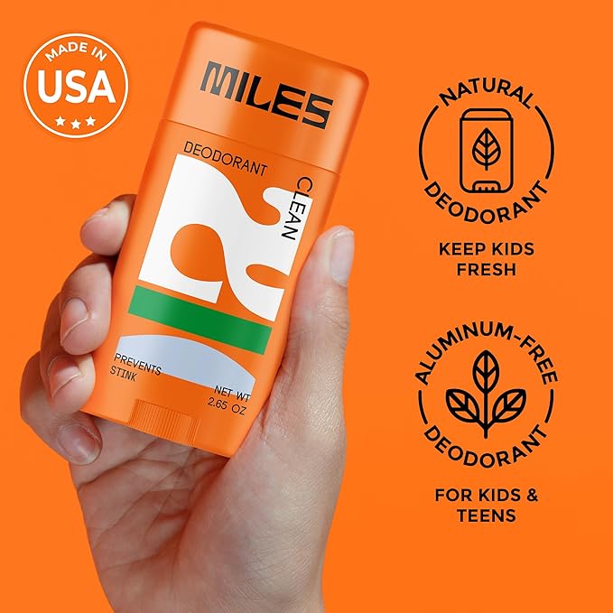 Miles Kids Deodorant for Boys and Girls - Aluminum Free Deodorant for Kids and Teens, Natural, Hypoallergenic, Made in USA - Clean Scent - 2-Pack