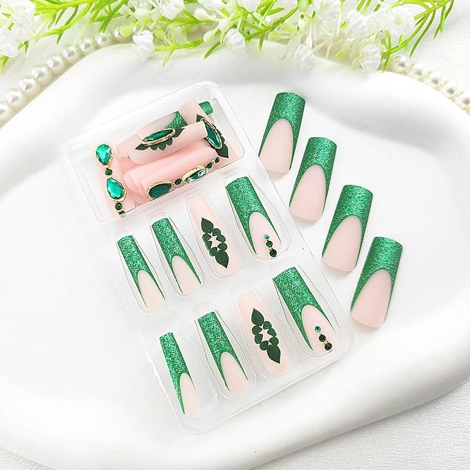 Long Press on Nails Square Green French Tip Nails Press ons with Glitter Rhinestones Flower Design Pearl Fake Nails Extre Long Acrylic False Nails Glossy Glue on Nails for Girls 24Pcs