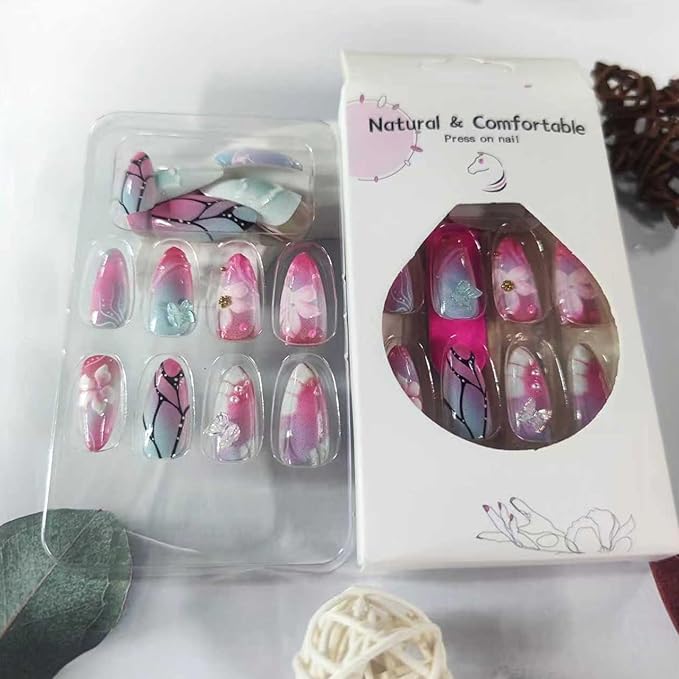 24Pcs Medium Almond Press on Nails Summer Fake Nails with 3D Flower Butterfly Designs False Nail Tips Glossy Pink Blue Glue on Nails Handmade Full Cover Acrylic Stick on Nail for Women