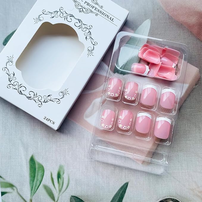 Short Press on Nails Square Fake Nails Natural Flower Glue on Nails Full Cover Nude Acrylic Nails with Spring Summer Design White French Tip False Nails for Women Girls DIY Manicure 24 Pcs