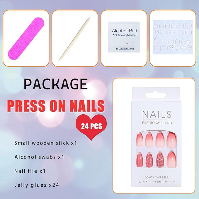 Red Gradient Acrylic Press on Nails Short Coffin False Nails with Glitter Sequins Designs Red Full Cover Stick on Nails Artificial Short Ballerina Fake Nails for Girls & Women 24 Pcs