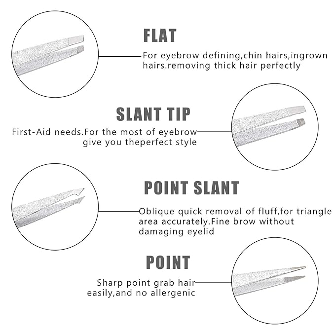 Eyebrow Tweezer Set, 4 Pcs Professional Stainless Steel Tweezers for Women, Precision Tweezer for Facial Hair, Splinter and Ingrown Hair Removal（Bright silver）