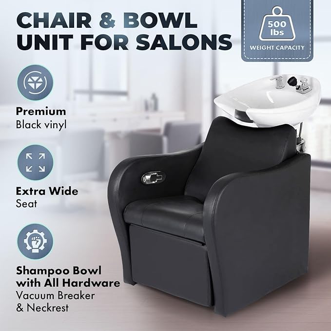 Buy-Rite Lexus Backwash Unit - Professional Salon Shampoo Chair with Tilting White Porcelain Bowl, Kick-Out Leg Rest, Extra Wide Seat & Single-Handle Faucet, Black Chair, TS-8018B