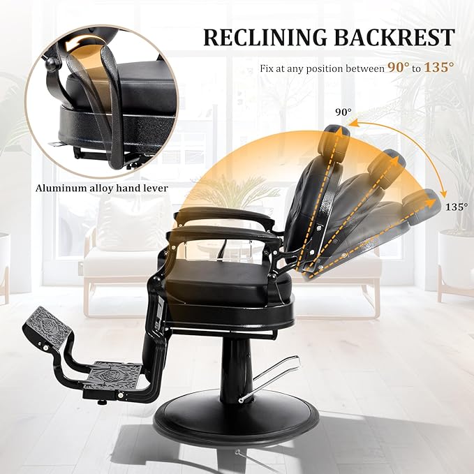 OmySalon Retro Barber Chair Heavy Duty, Aluminum Alloy Frame, Adjustable Headrest, Extra Wide Footrest, Hydraulic Salon Chair for Hair Stylist Reclining All Purpose for Beauty Spa Shampoo Styling
