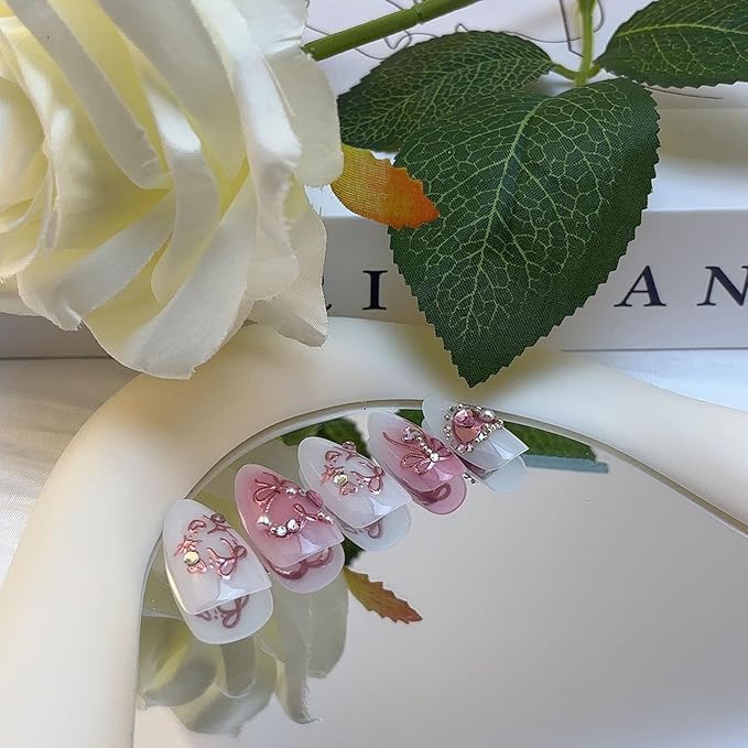 Pink Press on Nails Medium Almond Fake Nails with 3D Heart Pearl Rhinestones Designs White Gradient Bow Silver Star Stick on Nails Flower Charms Full Cover Glue on Nails for Women Girls 24Pcs