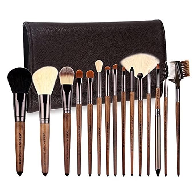 Makeup Brush Set, 15pcs Unique Walnut Makeup Brushes with Vegan Leather Bag, Professional No Shed Tan Makeup Brushes