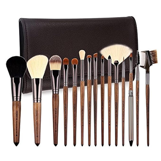 Makeup Brush Set, 15pcs Unique Walnut Makeup Brushes with Vegan Leather Bag, Professional No Shed Tan Makeup Brushes