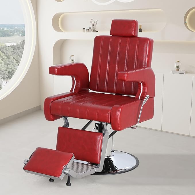 FHFO Barber Salon Hair Chairs for Barbershop, Hydraulic Barber Chair 360° Swivel Reclining, Adjustable PU Leather Beauty Styling Salon Chair for Barbershop Spa Red/Silver